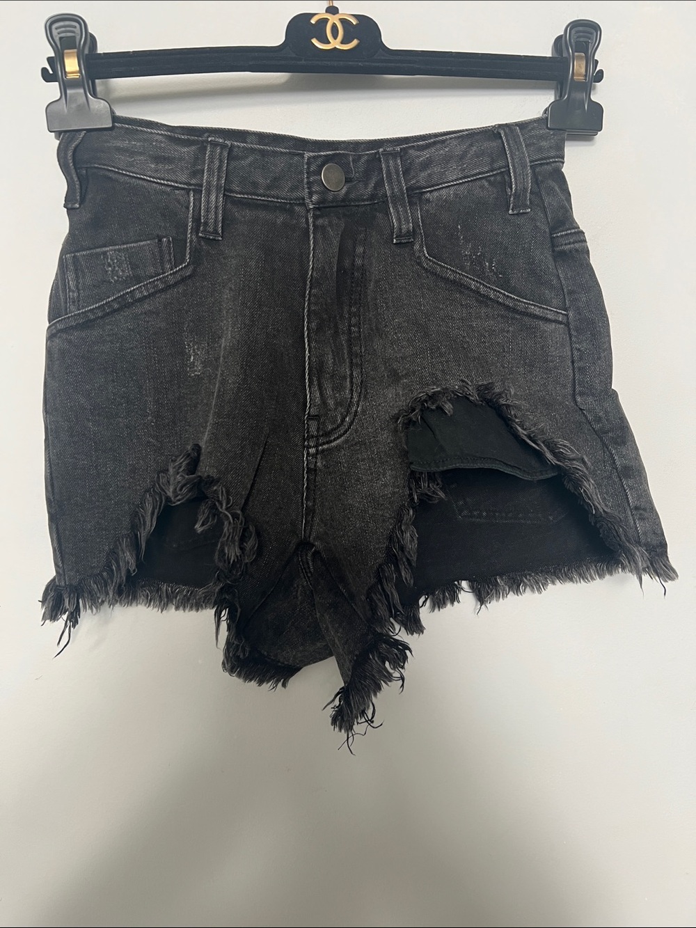 High-Rise Black Distressed Denim Shorts